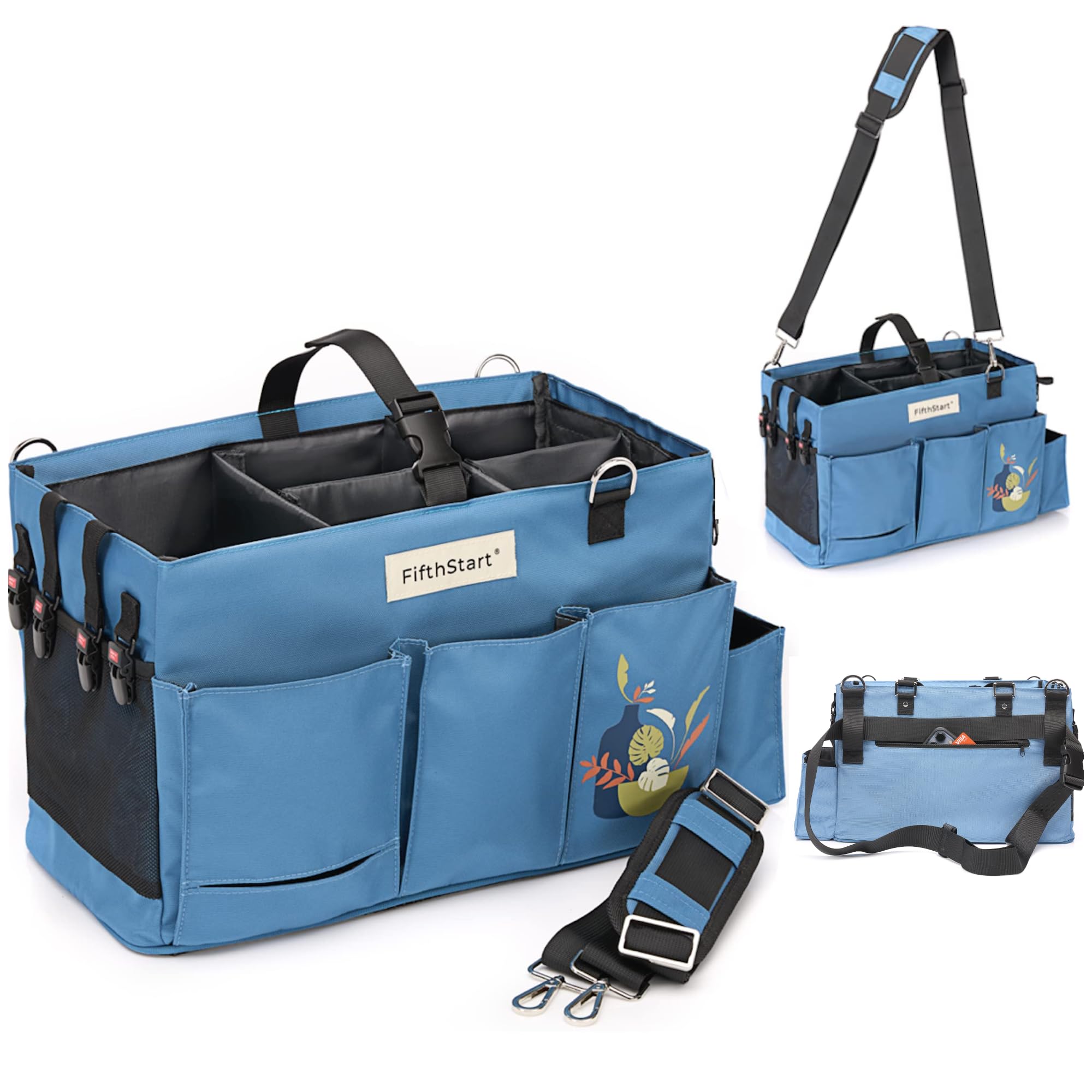 FifthStart Multiuse Organizer Bag - X-Large, Blue - 9 Pockets & Mesh Base for Cleaning Supply Organizer - Adjustable Waist & Shoulder Straps for Cleaning Caddy - Use as Housekeeping Caddy Image