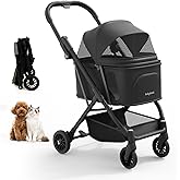 Foldable Dog Stroller for Small Dogs & Cats Portable Compact Pet Stroller Up to 35lbs Medium Pets One Click Folding Large Cat Carriage with Convertible Canopy Storage Basket - Black