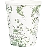 Elyxio 100Pcs Floral Paper Cups White Sage Green Flowers Party Cups 9oz Disposable Toile Chinoiserie Drinking Cups for Hot Cold Beverage Birthday Baby Shower Party Supplies (100, Sage Green)