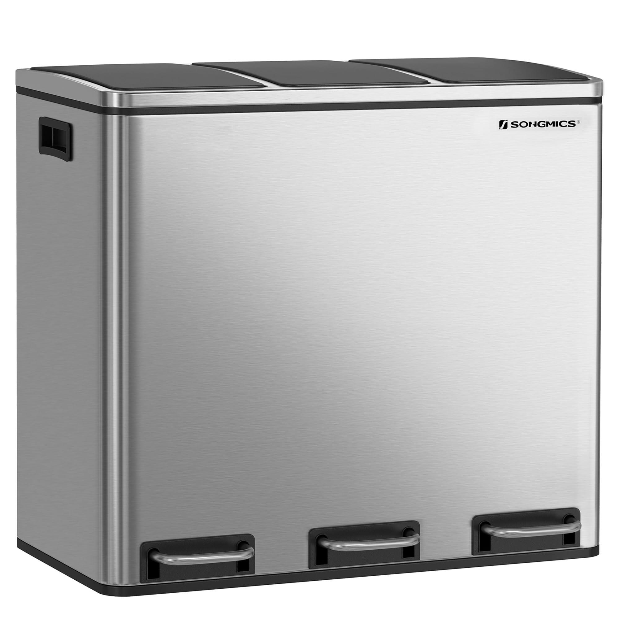 Photo 1 of SONGMICS Trash Can, 3 x 4.8 Gallon Garbage Can, 14.4 Gallon Recycle Bin with Soft-Close Lids, Pedals, and Inner Buckets for Kitchen, Stainless Steel, Silver and Black ULTB54NL