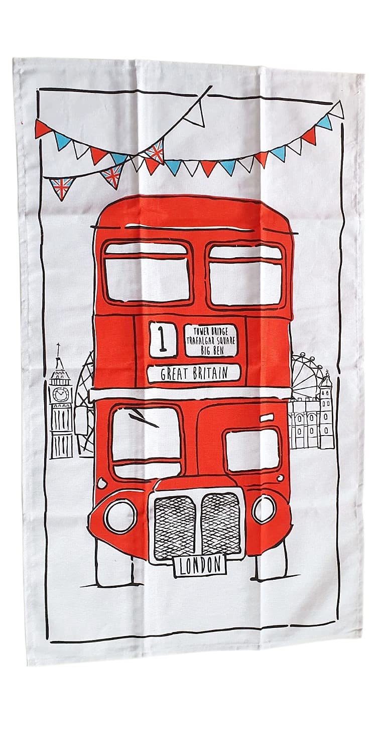 Elgate Products London Bus Souvenir Tea Towel Red Routemaster Cartoon Sketch White Gift Big Ben