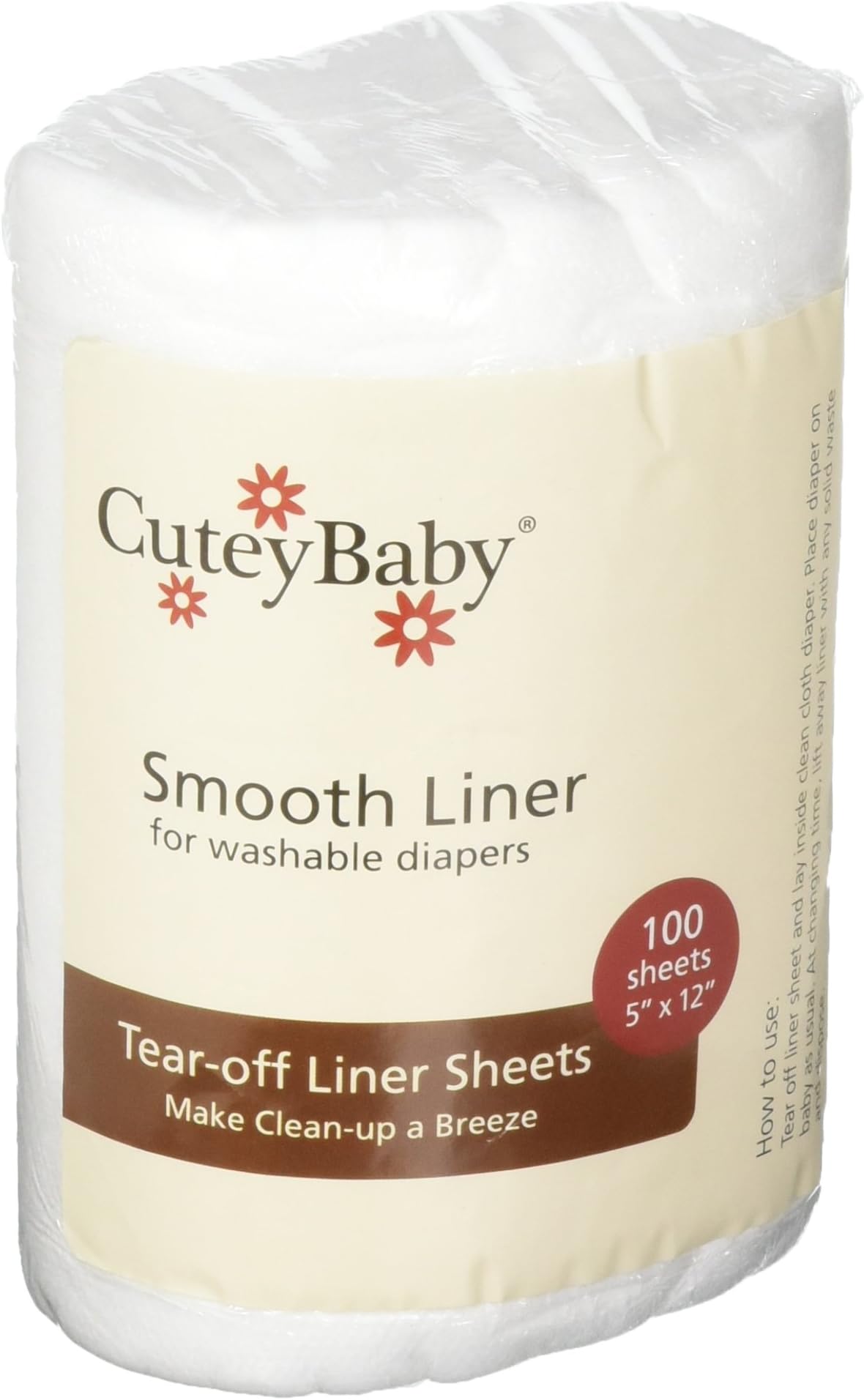 Cuteybaby Smooth Liners Roll Tear-Off Diaper Liner Sheets, White, 5" X 12", 100 Count