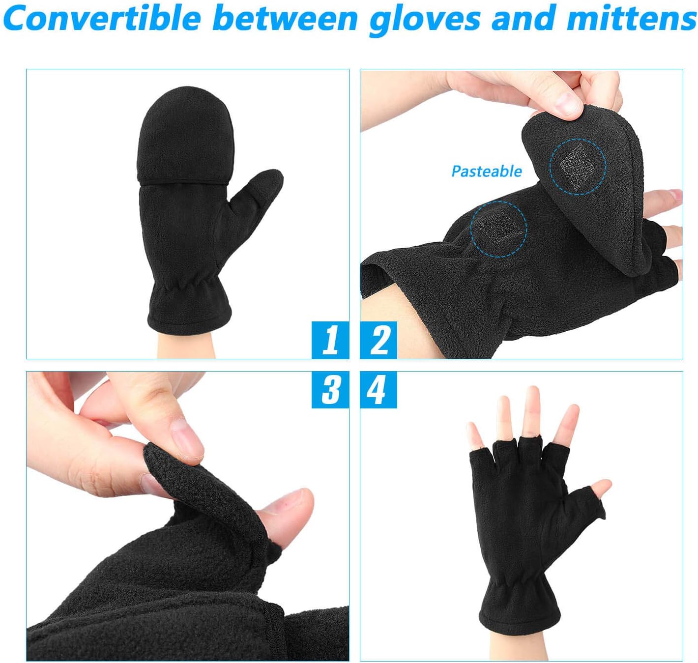 OZERO Winter Gloves 3M Thinsulate Fingerless Convertible Thermal Mittens Windproof Insulated Polar Fleece Warm for Men and Women Black : Sports & Outdoors