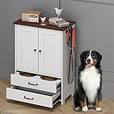 Rovibek Dog Feeding Station with Storage Cabinet - Elevated Dog Bowls with Storage Drawers, Pet Storage Cabinet with Leash Ho