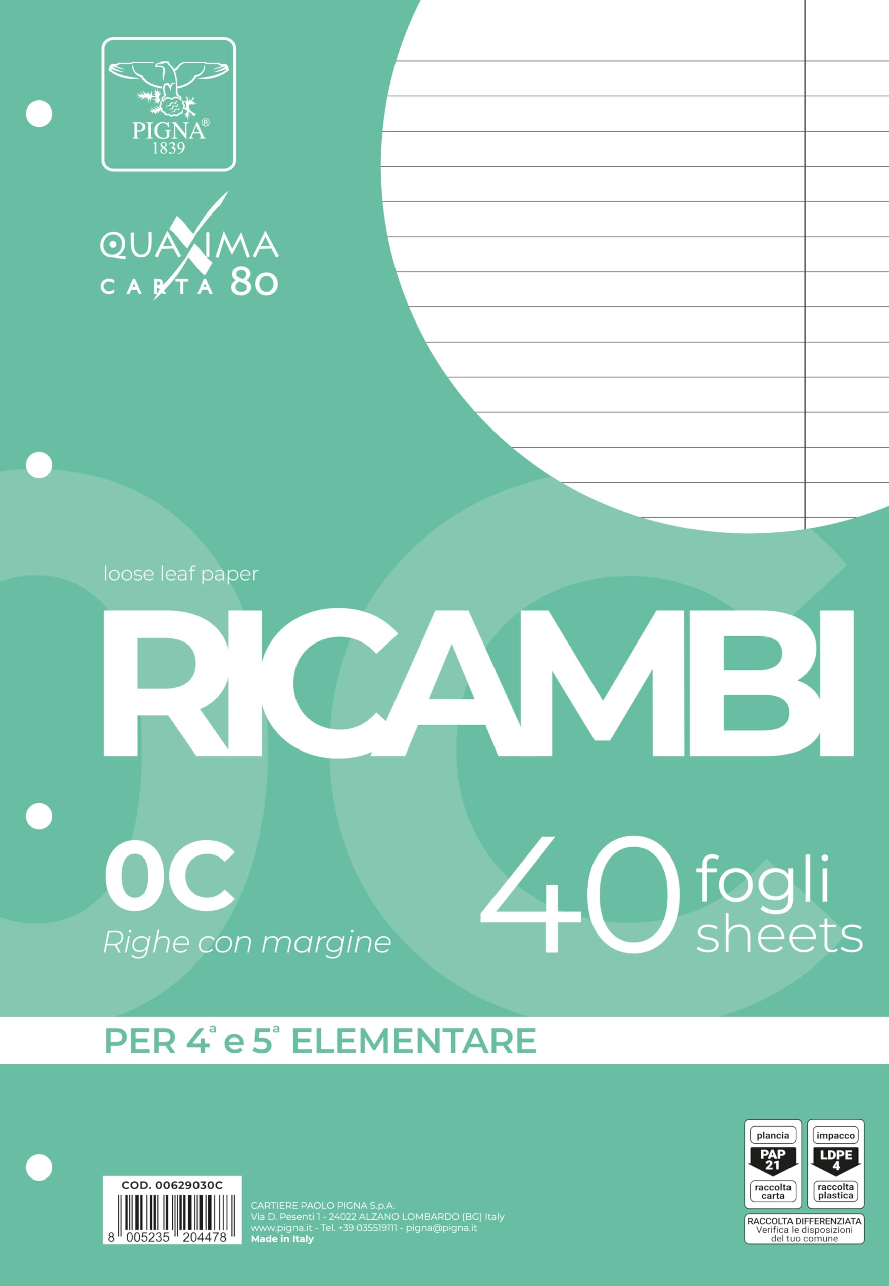 Pigna 00629030C Unreinforced Replacement Part 0C Line Style 4th and 5th Grade Ruled Paper 80gsm Pack of 40 Sheets