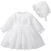 TENTIDE Newborn Baby Girl Christening Dress White Baptism Lace Short Sleeve Fall Wedding Dresses with Bonnet Outfit