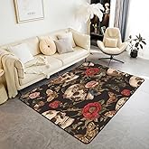 Feelyou Sugar Skull Rose Area Rug 3x5 Death Moth Living Room Rugs Gothic Skull Floral Flower Decorative Carpet Indoor Floor Mat Accent Rug