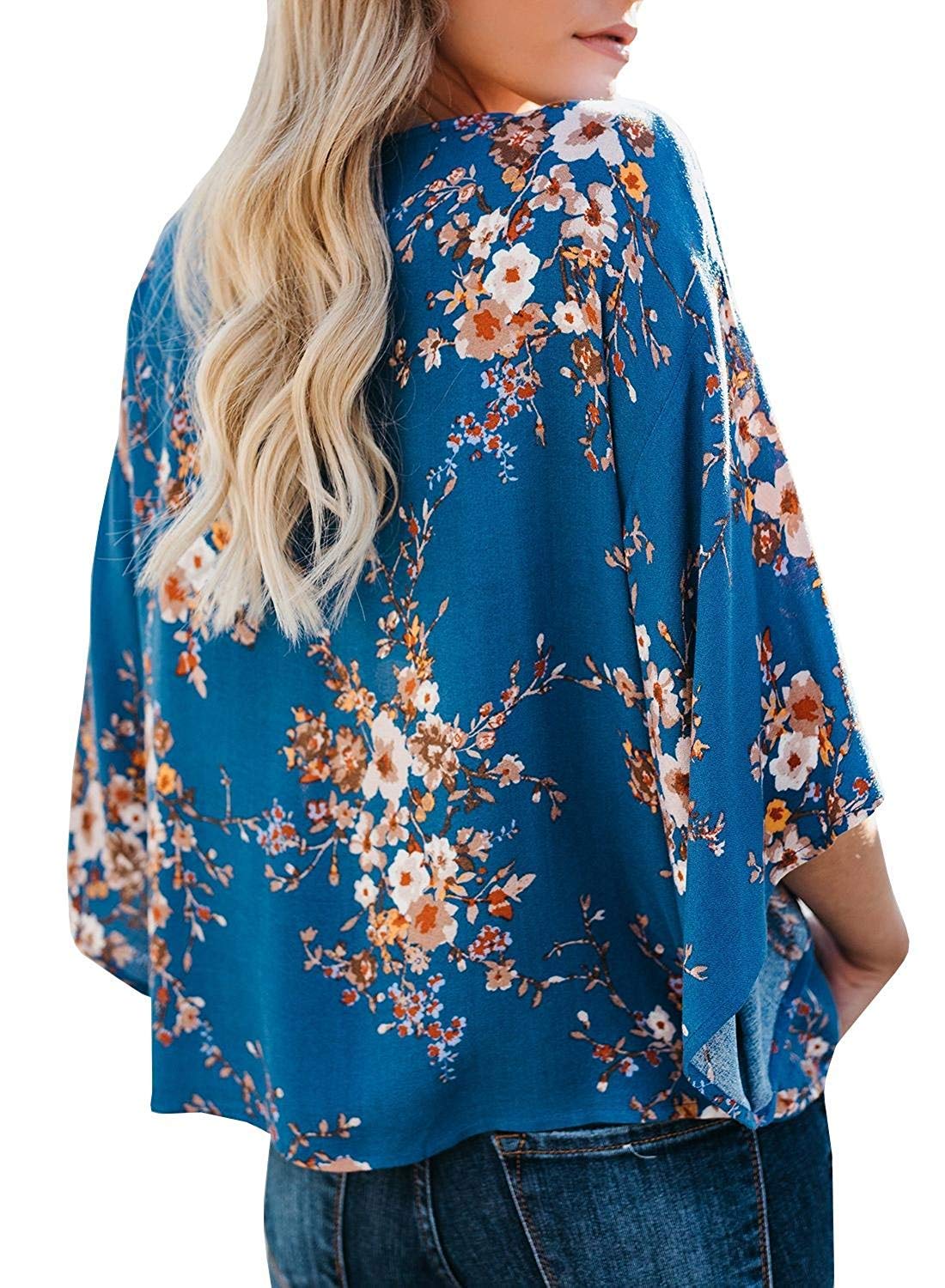 Women\'s Floral Tie Front V-Neck Sexy Chiffon Blouse Flowy Tops Cute Summer Beach Loose Boho Bat Wings Shirts