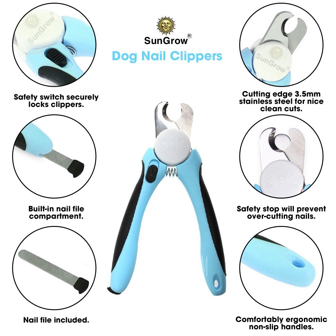 No pain Dog Nail Clipper & Trimmer -- Safety Switch to prevent over cut - 5-minutes to professional grooming - Safety Switch lock - In-built nail file to smooth edge - Razor sharp blade for clean cut