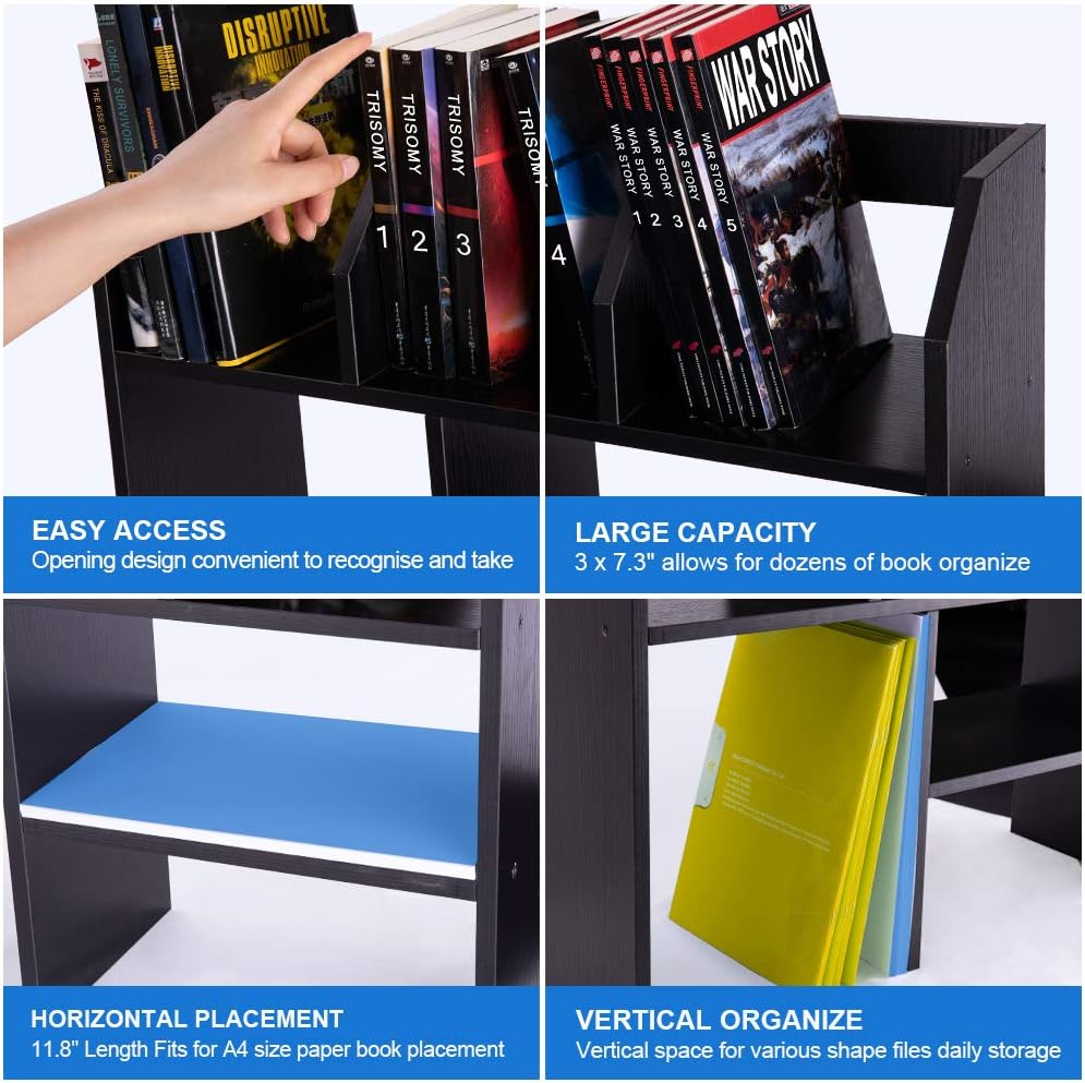 Desktop Bookshelf Wood Desk Organizer Shelf Bookcase with 6 Compartments Storage Shelves for Tabletop Books Holder Stand A4 A5 Paper File Sorter Spice Display Rack in Home Office, Black : Office Products