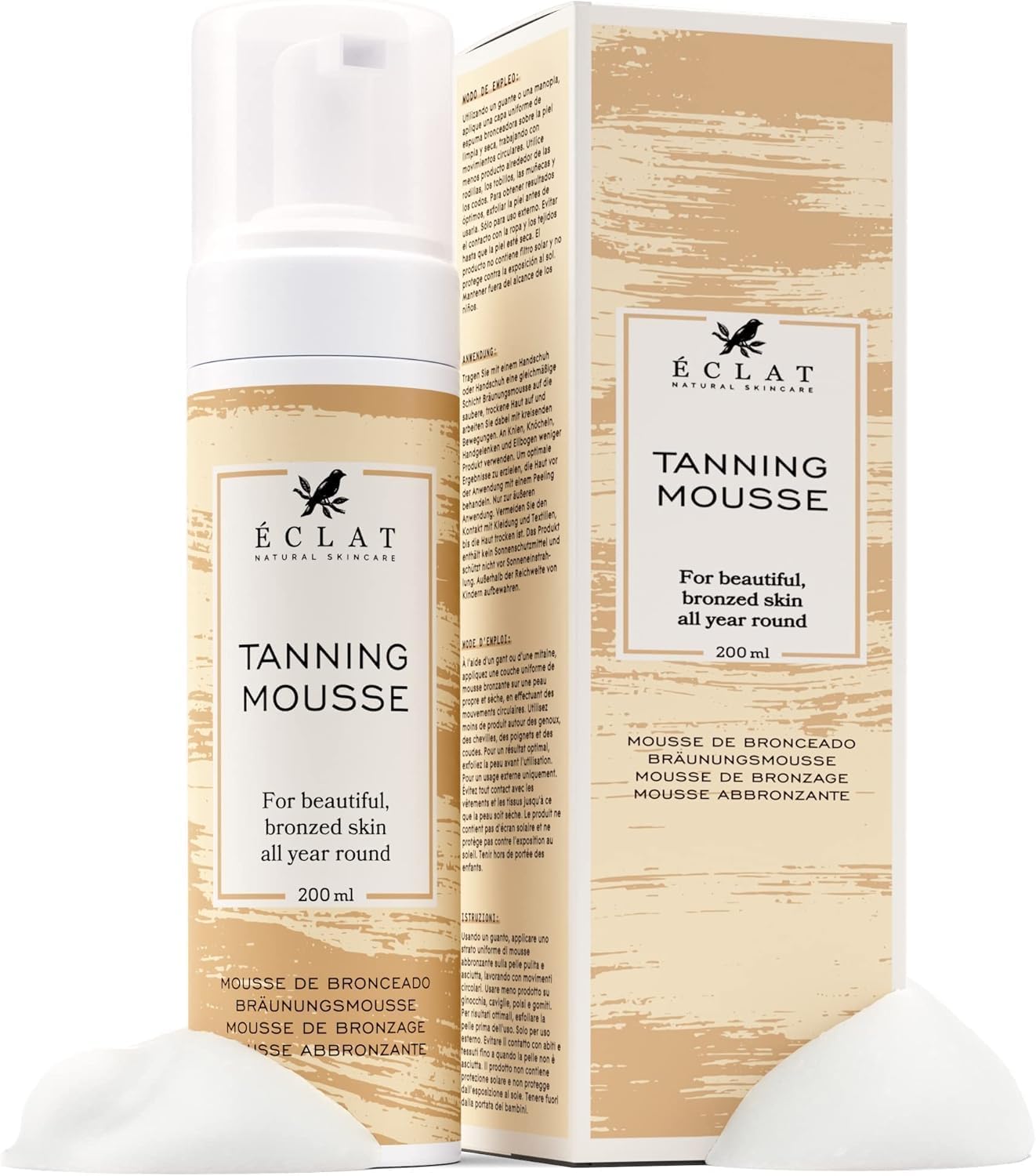 E-c-l-a-t Tanning Mousse, Self-Tanning Lotion with Aloe Vera, Vitamin E & Caffeine, For Beautiful Bronze Skin, Natural Golden Glow, Easy Application, Lightweight, 200ml