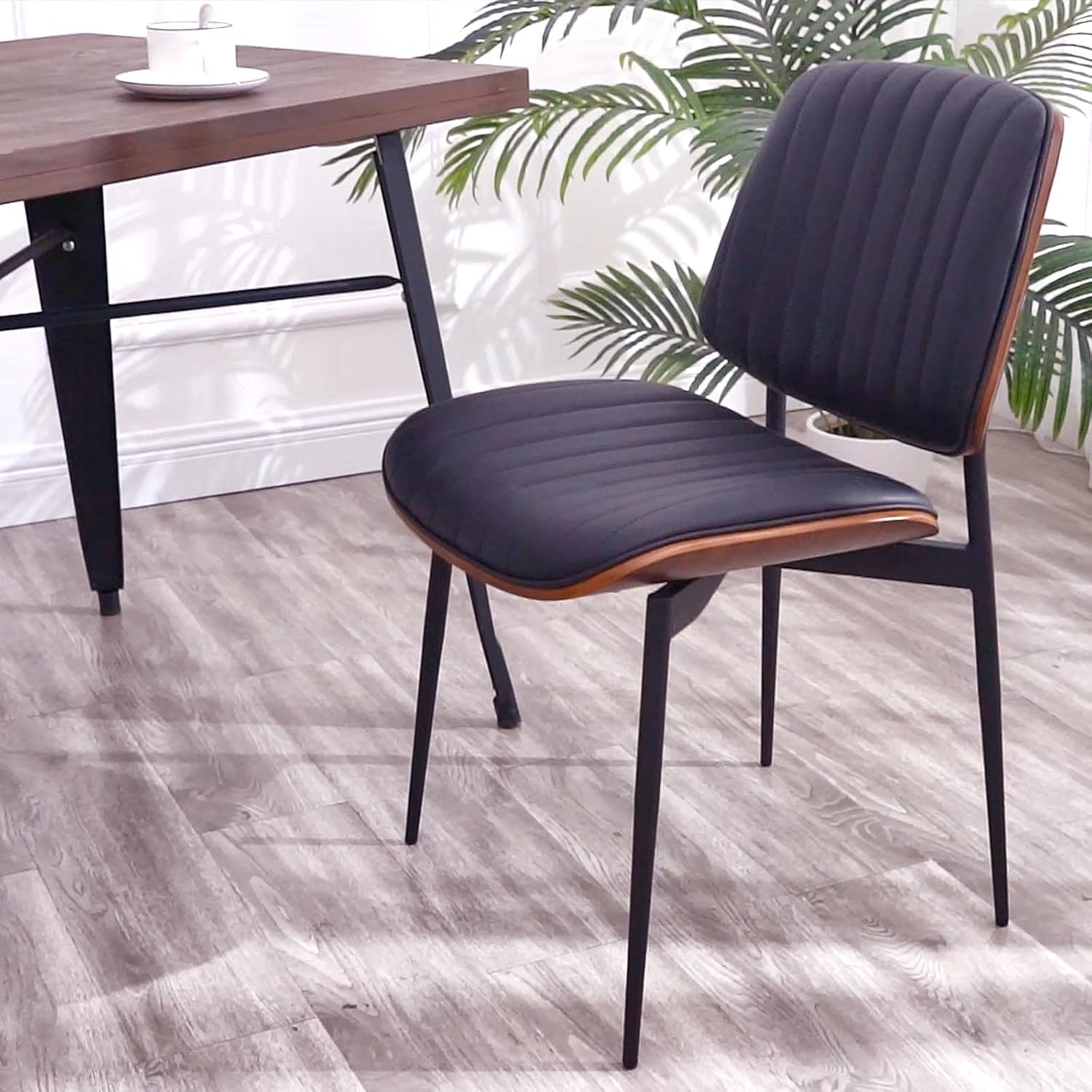 LUNLING Dining Chairs Set of 2 Mid Century Modern Retro Faux Leather Chair with Walnut Bentwood Upholstered Seat Metal Legs Adjustable Foot for Kitchen Dining Room Chairs - Chairs