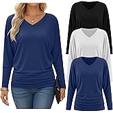 Oakgarden 3 Pack Women's Dolman Long Sleeve Tops Casual Flowy Draped Side Ruched Shirts V Neck Lightweight Bat Wing Basic Tee