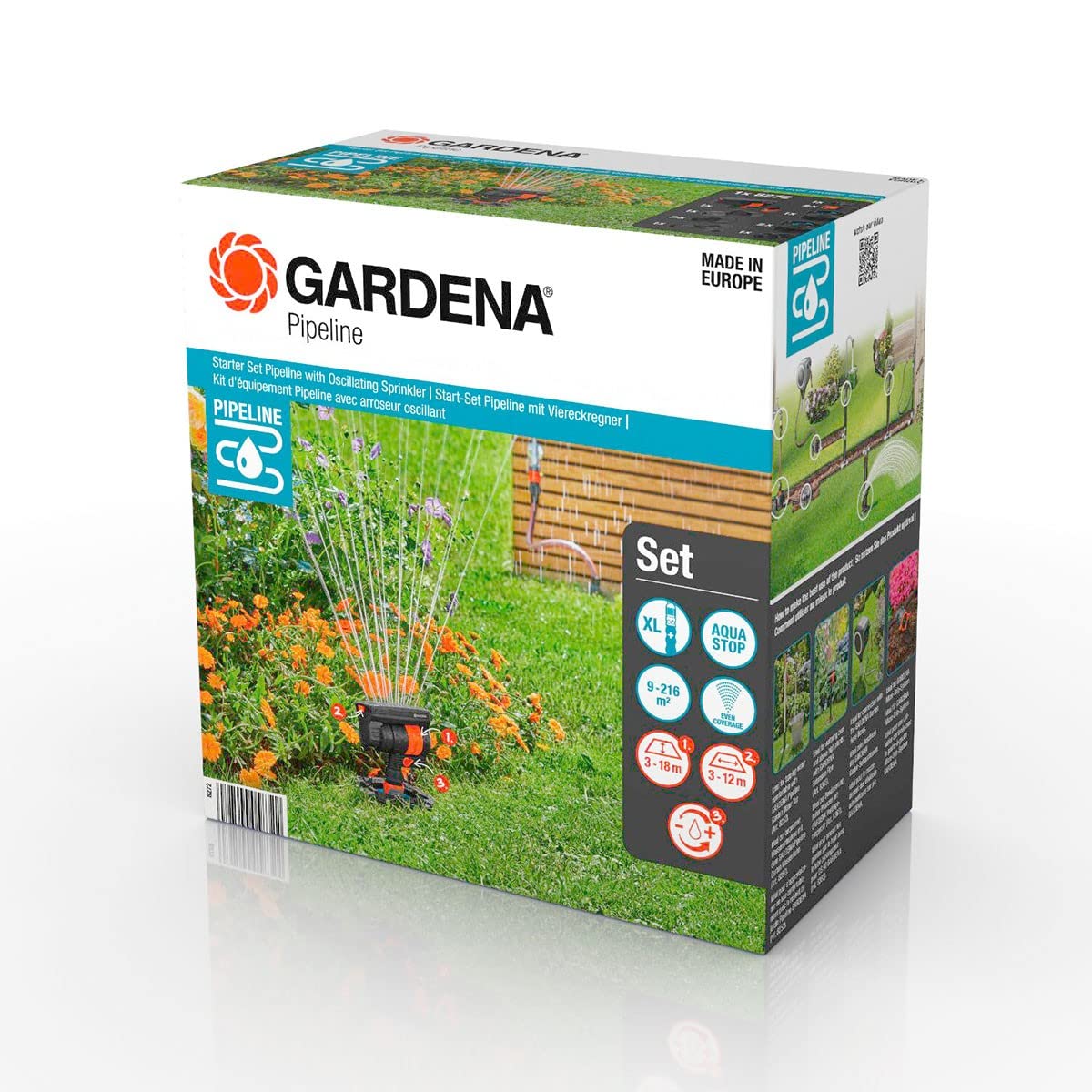 Gardena Sprinklersystem Start-Set Pipeline mit Viereckregner: Komplettset für den Einstieg in das Pipeline-System, Wasserentnahme rund um Haus und Garten, unterirdische Montage (08272-20)