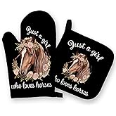 OHSUL Black Horse Oven Mitts and Pot Holders Sets, Horse Lover Gifts for Women Girls, Just a Girl Who Loves Horses Heat Resistant Oven Gloves Hot Pads for Kitchen Cooking Baking Grilling