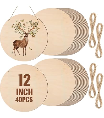 42 Pack Unfinished Wood Circles - 12 Inch Round Wood Plaques For DIY Crafts, Painting, With Twine For Door Hangers