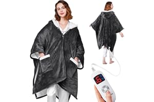 Yokimisu Wearable Heated Blanket - Cozy Gift for Women, Mom, Men| Reversible Flannel & Sherpa Electric Wrap with Pockets & Hood, 6 Heat Levels, 1-4H Timer, ETL Safe, Machine Wash, 50"x70" Grey