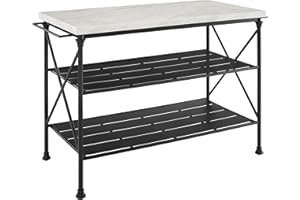 Crosley Furniture Madeleine Kitchen Island with Shelves for Storage, Microwave Stand, Coffee Bar, Steel with Faux Marble Top