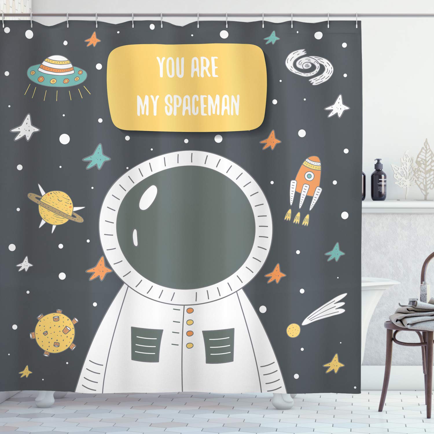 ABAKUHAUS Astronaut Shower Curtain, You are My Spaceman Cosmic Doodle with Stars Rocket Moon Comet Galaxy UFO, Fabric Bathroom Decor Set with Hooks, 78" Inches, Multicolor Grey