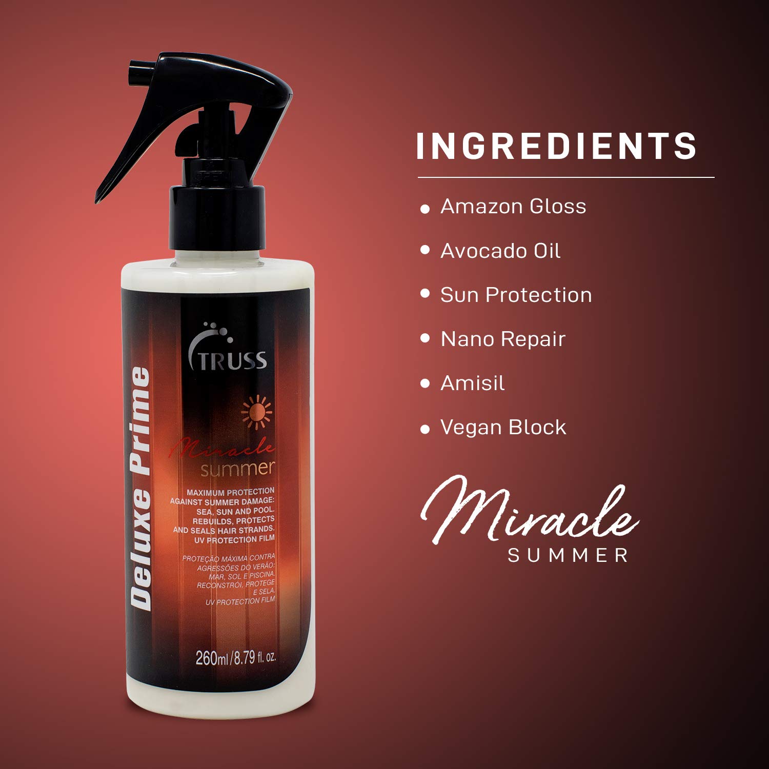 Truss Deluxe Prime Summer Hair Treatment - Protection Against Summer Hair Damage Caused By The Sun, Ocean and Pool - Repairs, Protects, & Seals Hair Stands While Adding Intense Shine (8.79oz)