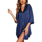Ekouaer Satin Nightgowns for Women Silk Sleepwear Button Down Sleepshirt 3/4 Sleeve V-Neck Nightshirts with Pockets