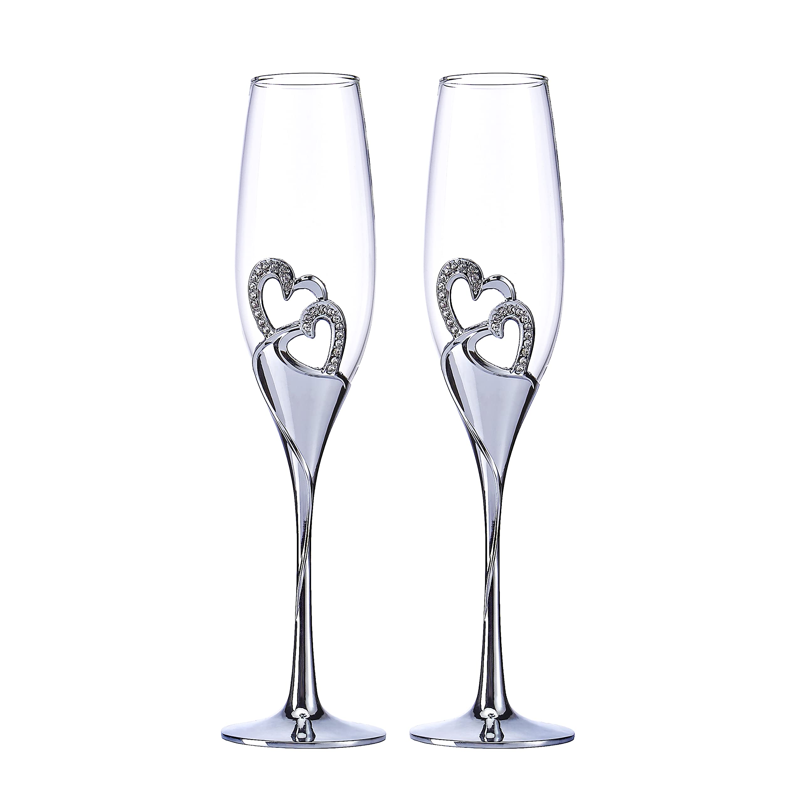 LANLONG Wedding Champagne Goblets Toasting Flute Glasses for Bride and Groom Creative Deluxe Glass Cups with Rhinestone Rimmed Heart Decoration Gift Set