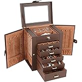 Kendal Jewelry Box, 6-Layer Jewelry Storage Organizer for Necklace Bracelet Rings Watch, 10.2"x8.2"x6" Classic Brown PU Leather 5 Drawers Large Storage Capacity with Mirror