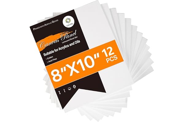 CONDA Canvas Boards for Painting, 8 x 10 inch, 12 Pack, 100% Cotton Canvas Panels, White Blank Canvases, Primed, Acid-Free, A