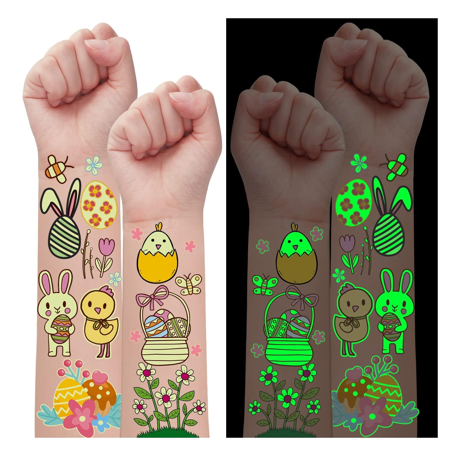 Leesgel Easter Decorations for Kids, 38 Styles Luminous Temporary Tattoos for Kids Easter Basket Bags Fillers, Tattoos Stickers for Children Party Favors Crafts