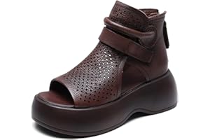 Crepuscute Women's Leather Platform Wedge Sandals Adjustable Open Toe Back Zipper Hook Loop Causal Roman Sandals High Top Round Toe Breathable Walking Dress Shoes