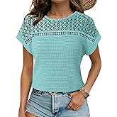 Dokotoo Women's Tops Casual Scoop Neck Short Sleeve Waffle Knit Hollow Out Shirts Loose Tunic Tops Blouses
