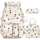 ACESAK Backpack for Girls - Girls Backpack with Lunch Bag & Pencil Pouch for Teen Kids Laptop Backpack for Women, Elementary Middle High School Bookbag Travel Daypack (Beige Floral)