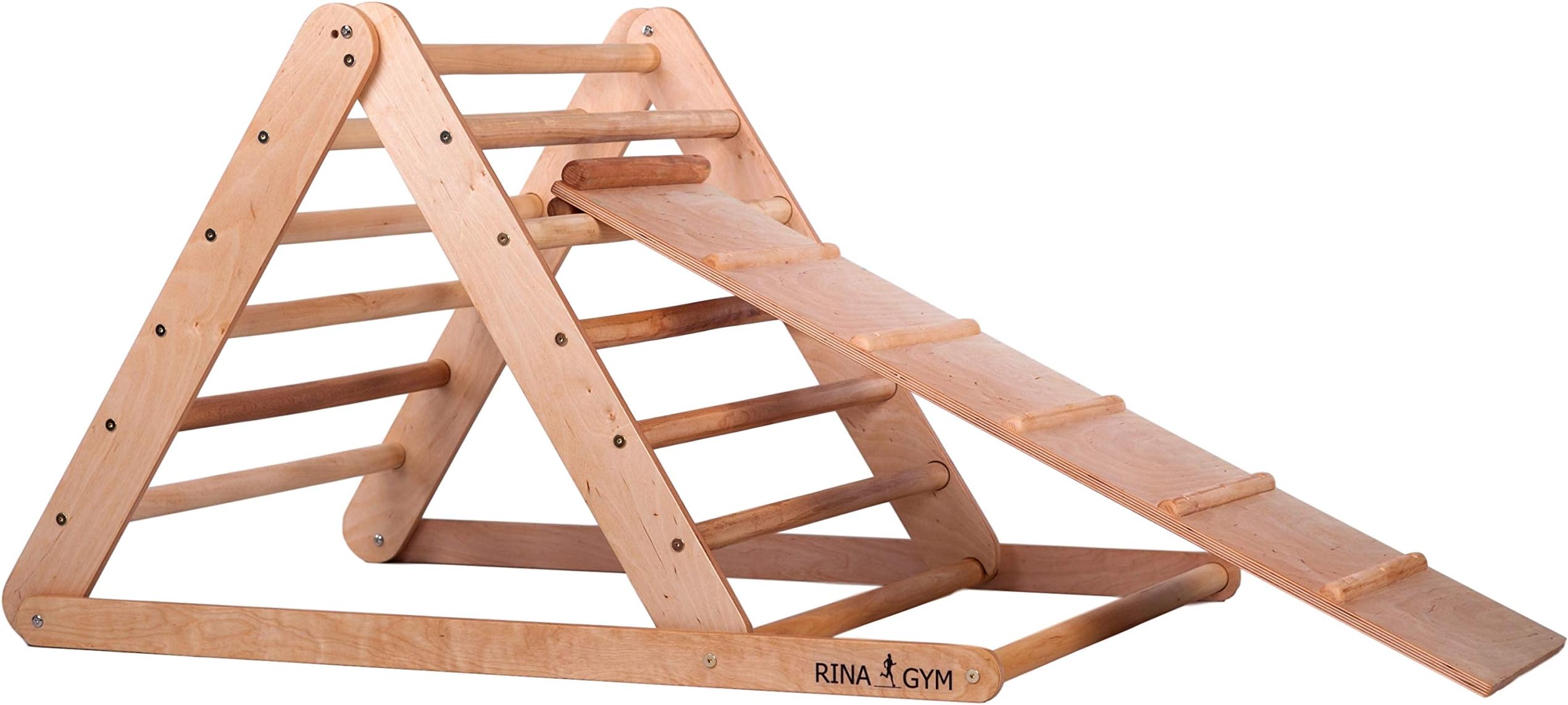 RINAGYM Triangle Climbing Ladder - Indoor Gym with Slide for Baby, Toddler, Children - Home Playground Activity Centre - Wooden Frame, Non-Toxic Paint - Foldable Balancing Equipment. 2 levels.