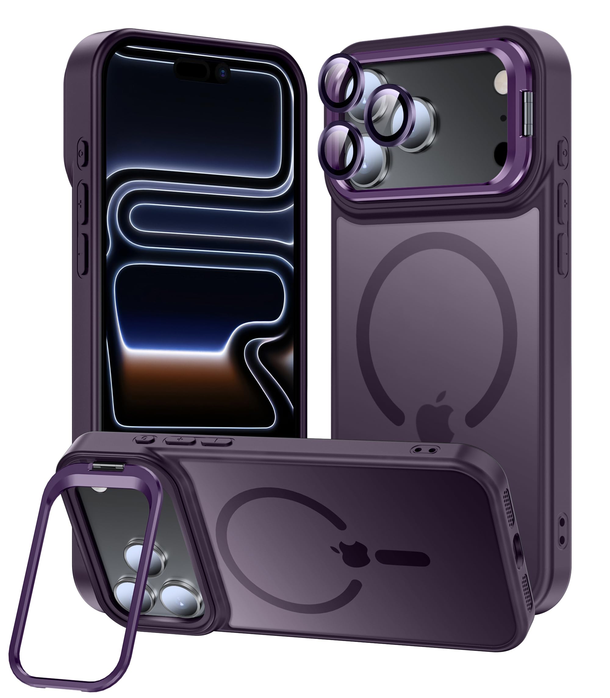 TOBOVON for iPhone 17 Pro Case 6.3'', Fits MagSafe, with Built-in Camera Ring Stand & Lens Protector, Translucent Matte Military-Grade Drop Protection Magnetic Cover, Purple