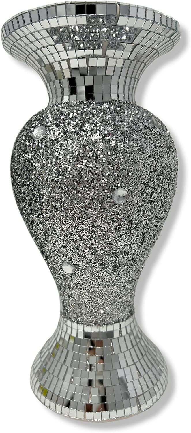 Silver Vase Statue Sparkle Ornament Bling Crushed Diamond Gift | Fully Crushed mirrored flower pot with floral design - VM 459| Crushed Diamond Display |Gift Present for all occasion Home Decoration