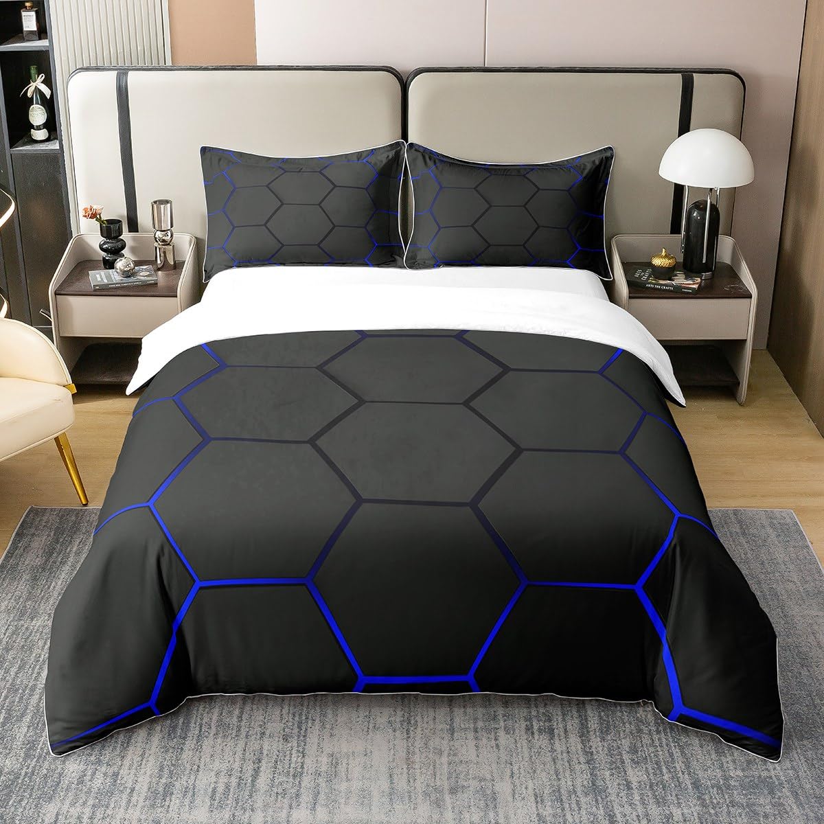 Honeycomb Duvet Cover 100% Cotton for Girls Boys Kids Modern Geometry Hexagon Theme Comforter Cover Set Geometrical Bedding Set Beehive Blue Bedspread Cover 3Pcs Bedclothes Double
