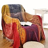 Bofree Bohemian Throw Blanket Hippie Chenille Jacquard Tassels Soft Chair Cover for Bed Couch Decorative Boho Throw Blankets - Colorful Tribal Pattern