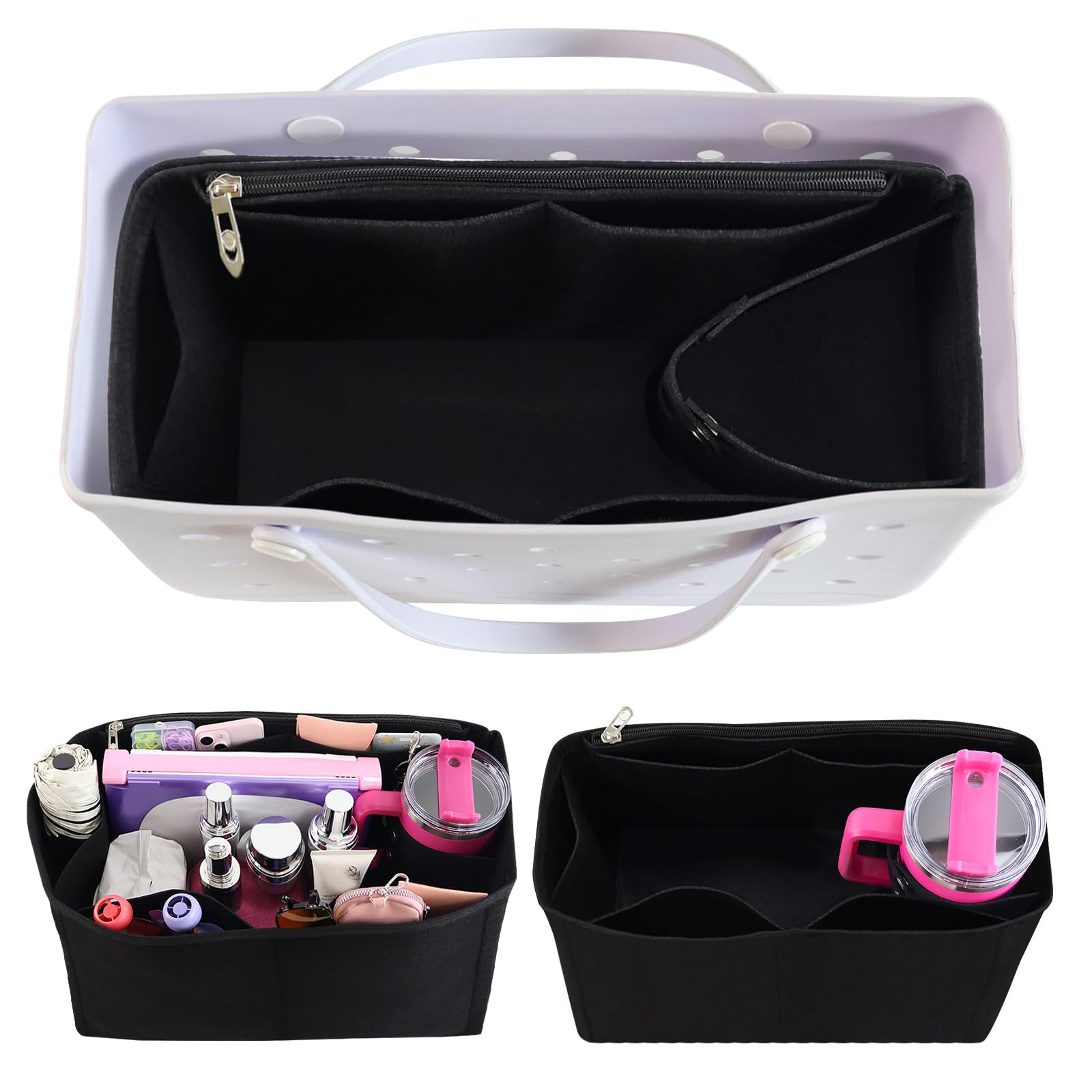 Photo 1 of Rubber Tote Organizer Insert Fit for Original Bogg Bag, Black Felt Divider with Water Bottle Holder Compatible with Stanley Cup for Bogg Accessories, Silicone Beach Tote Inserts Gifts for Women Large