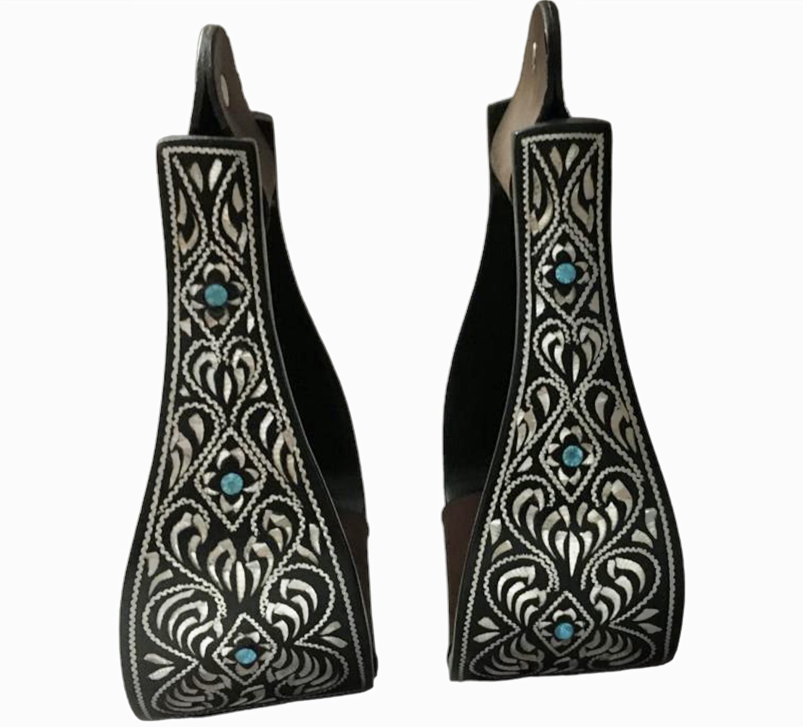 Majestic Ally Western Horse aluminium Black Engraved Stirrups with Crystal- Adults - Silver Black