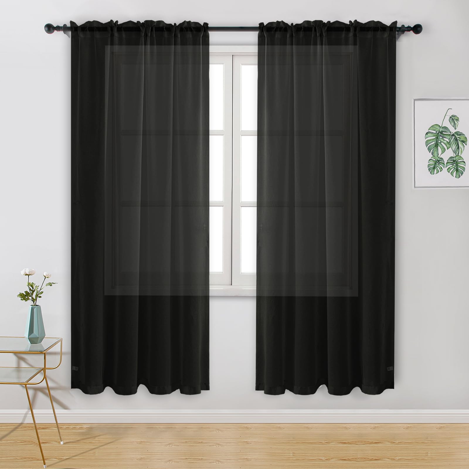 Hiasan Voile Curtain Black Curtains for Bedroom Net Curtains for Window Sheer Curtains for Living Room With Tiebacks 55 X 63 Inch 2 Panels Rod Pocket Top