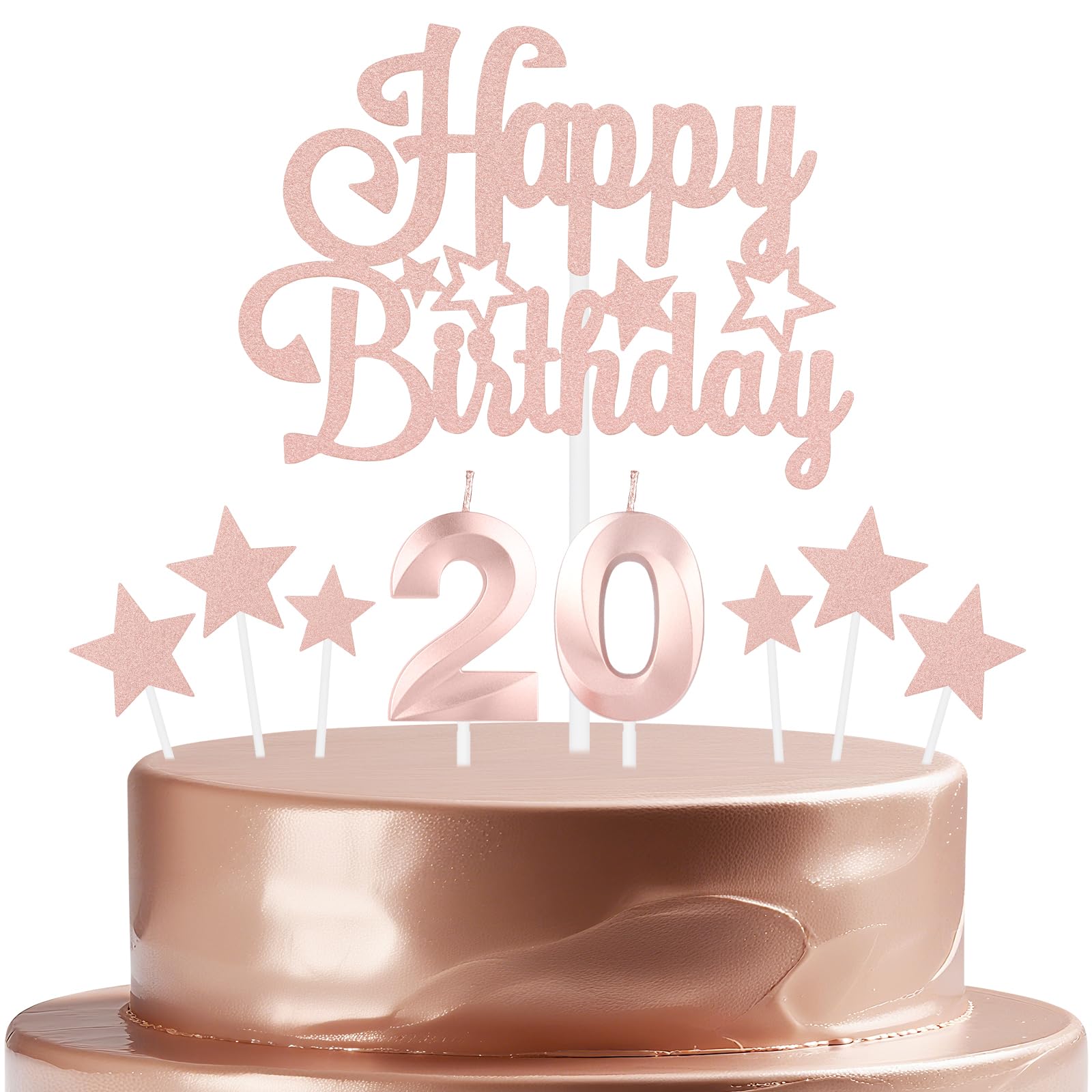 mciskin Rose Gold Birthday Candles Set,Girl 20th Birthday Decorations,Number 20 Candle for Cake,Rose Gold Candles Cake Toppers with Star for Girls Women Birthday Party Anniversary Decorations