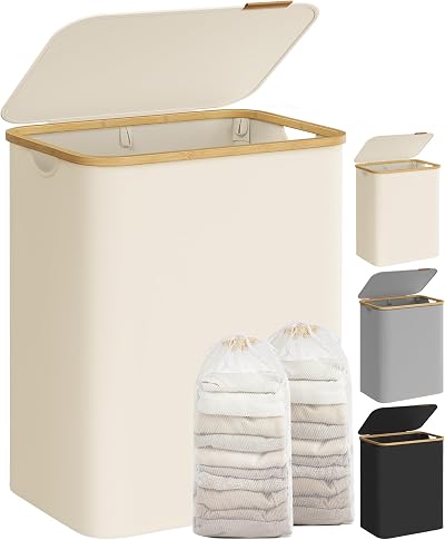 SONGMICS 130L Laundry Basket with Lid 2-Section Collapsible Cream White