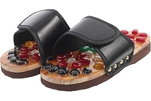 BUTIFULSIC Natural Jade Foot Acupoint Massage Sandals for Foot Health Cobblestone Reflexology Slippers Black PU