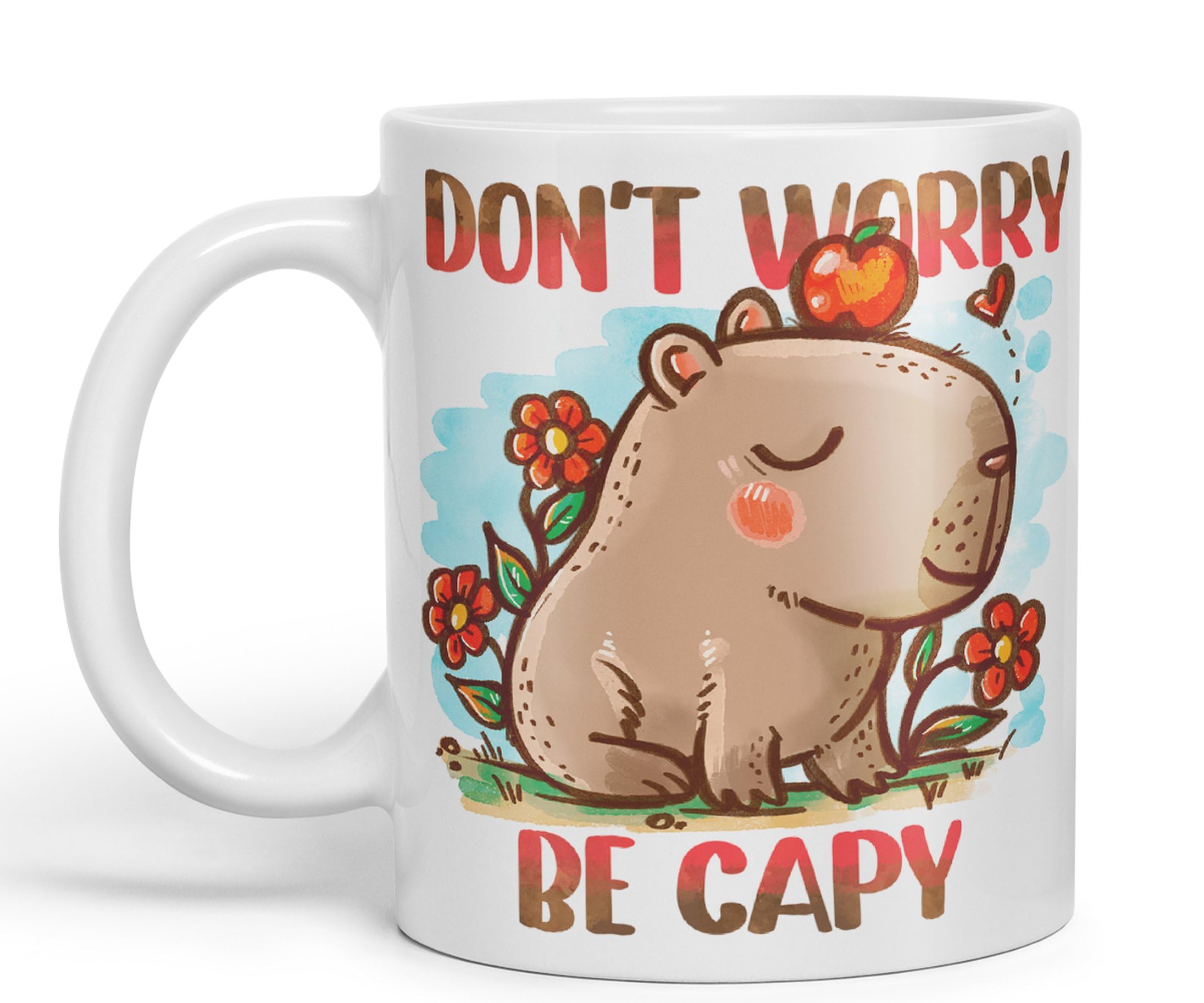 Vixar Capybara Don't Worry Be Capy Kawaii Joke Coloured Ceramic Mug Cup Gift 330ml 11oz Work Office Tea Coffee (White)