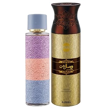 Maryaj Deuce Femme Eau De Parfum Floral Fruity Perfume 100ml for Women and Ajmal Wisal Dhahab Deodorant Fruity Floral Fragrance 200ml for Men + 2 Parfum Testers FREE