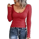 Roselux Women Long Sleeve Scoop Neck Ribbed Fitted Knit Shirt Basic T-Shirts