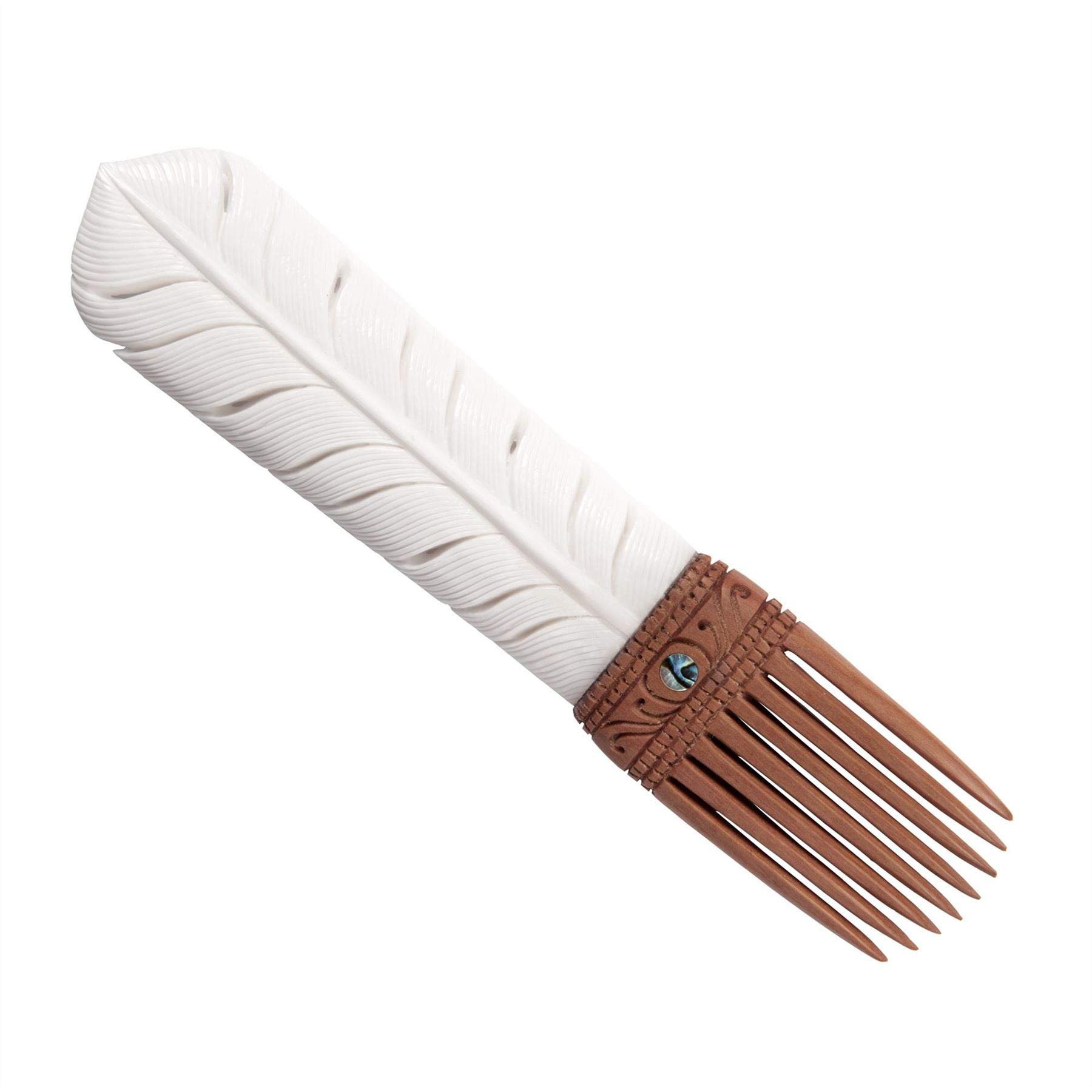 81stgeneration Women's Hand Carved Bone Wood Wooden Abalone Maori Huia Feather Hairpin Comb