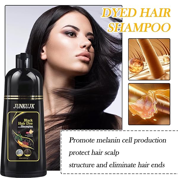 JUNKUJK BLACK HAIR DYE SHAMPOO 3 IN 1, BLACK HAIR SHAMPOO FOR GRAY HAIR COVERAGE,INSTANT HAIR COLOR SHAMPOO FOR WOMEN & MEN