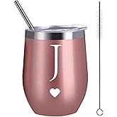 Calltoge Personalized Initial Gifts 12 Ounces Stainless Steel Wine Tumbler with Straw Brush Rose Gold Insulted Mug Wedding Bridesmaid Birthday Graduation Gift for Men Women Monogrammed Gift (J)