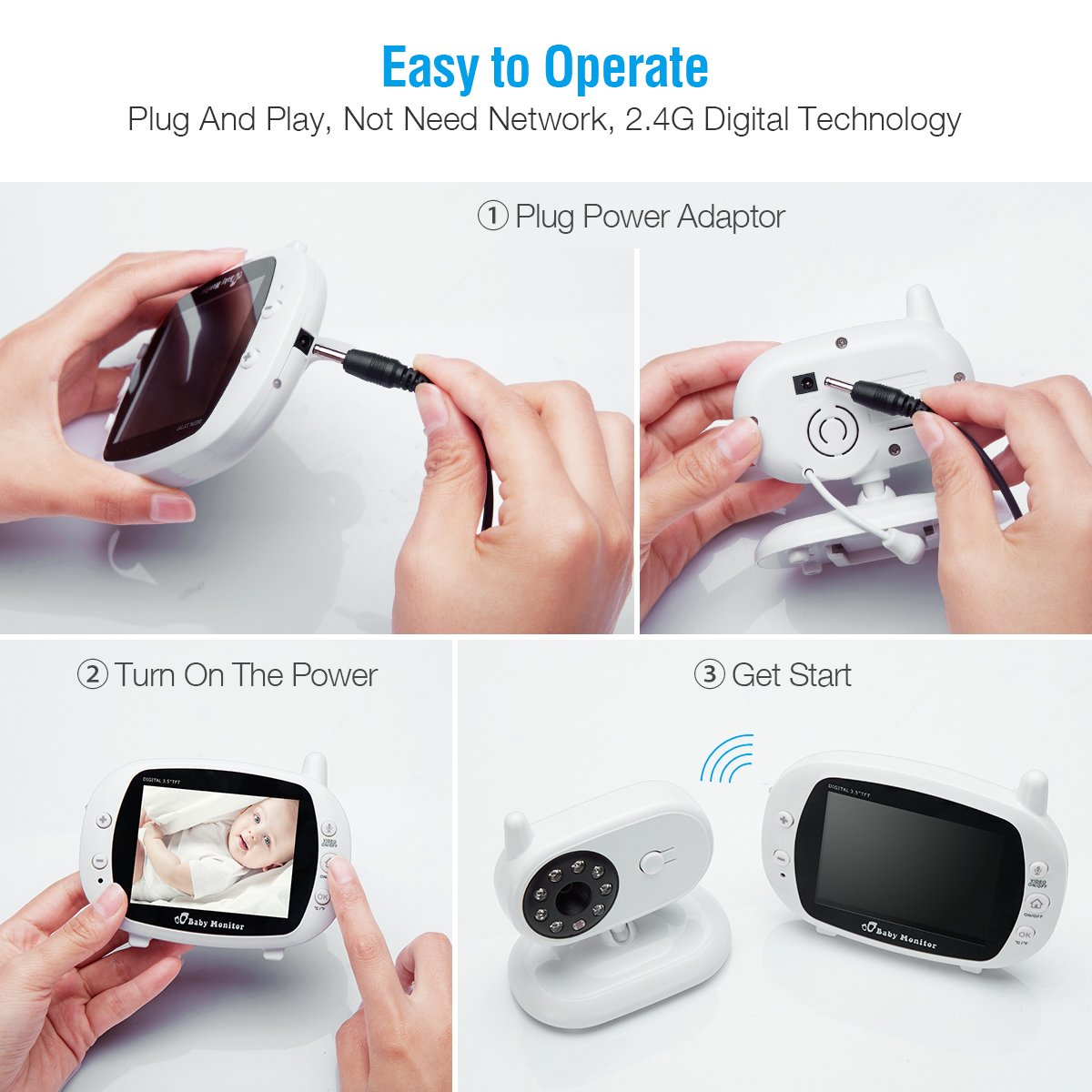 FirstPower Video Baby Monitor with Camera, Infrared Night Vision, Two-Way Talk Back, 3.5” LCD Screen, Temperature Detection, Lullabies, Long Range, Private Data Protection and High Capacity